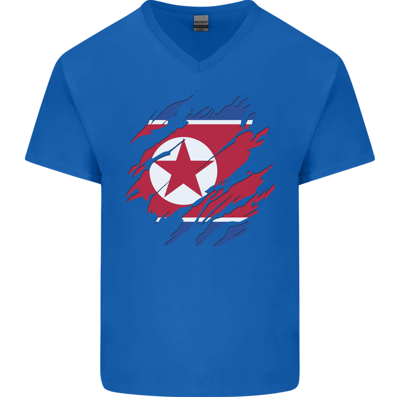 Torn North Korea Flag Korean Day Football Mens V-Neck Cotton T-Shirt Royal Blue