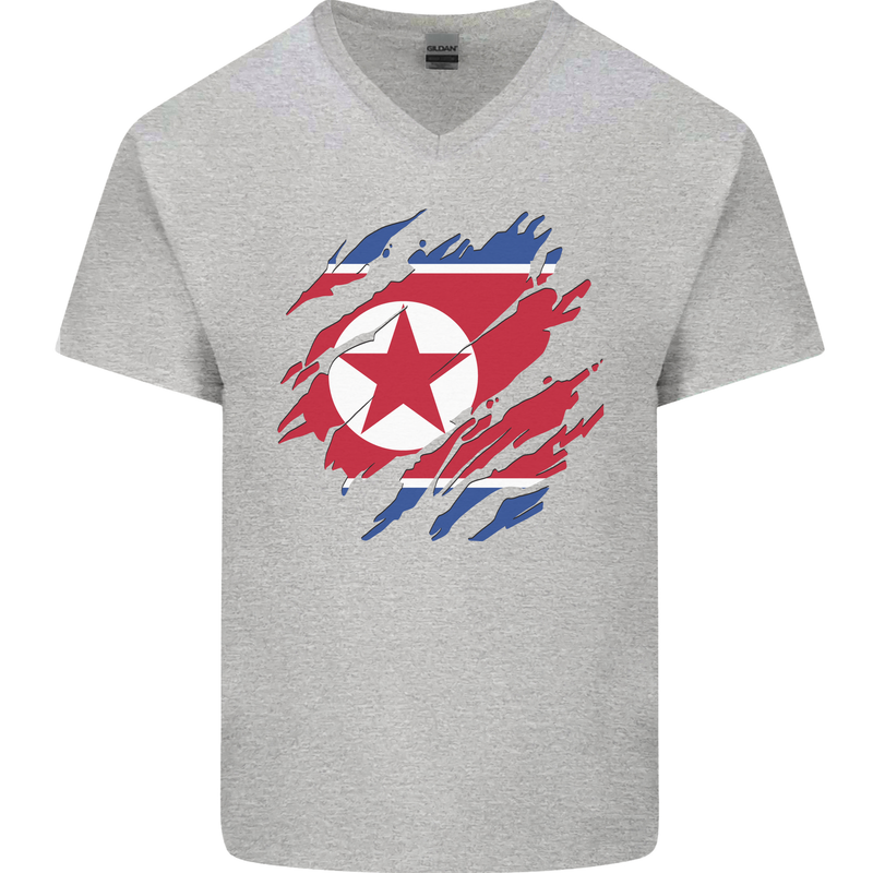 Torn North Korea Flag Korean Day Football Mens V-Neck Cotton T-Shirt Sports Grey