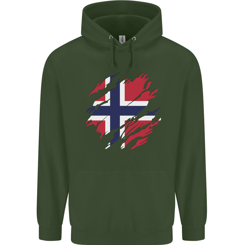 Torn Norway Flag Norwegian Day Football Childrens Kids Hoodie Forest Green