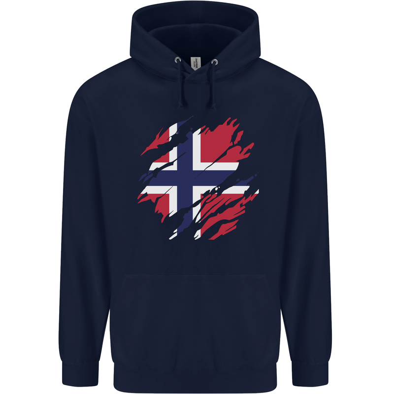 Torn Norway Flag Norwegian Day Football Childrens Kids Hoodie Navy Blue