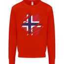 Torn Norway Flag Norwegian Day Football Kids Sweatshirt Jumper Bright Red