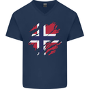Torn Norway Flag Norwegian Day Football Mens V-Neck Cotton T-Shirt Navy Blue