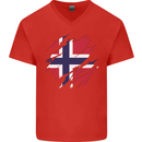 Torn Norway Flag Norwegian Day Football Mens V-Neck Cotton T-Shirt Red
