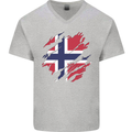 Torn Norway Flag Norwegian Day Football Mens V-Neck Cotton T-Shirt Sports Grey