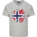 Torn Norway Flag Norwegian Day Football Mens V-Neck Cotton T-Shirt Sports Grey