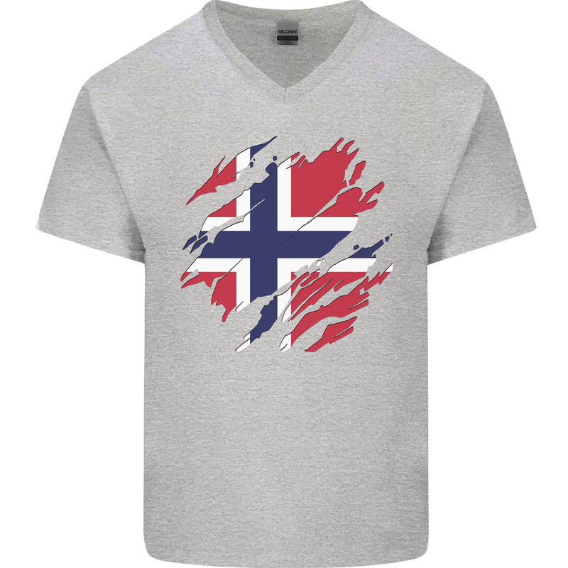 Torn Norway Flag Norwegian Day Football Mens V-Neck Cotton T-Shirt Sports Grey