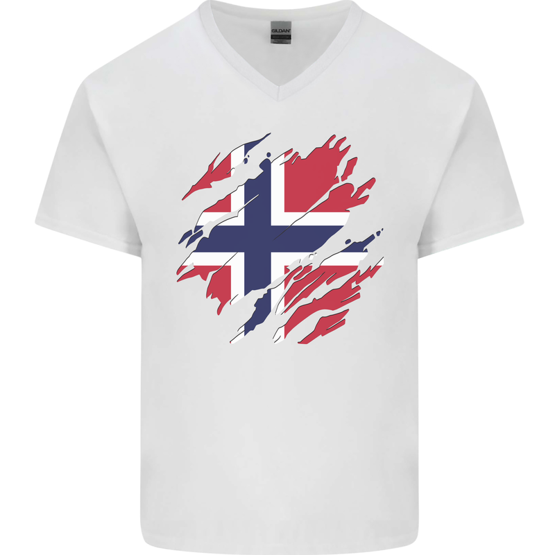 Torn Norway Flag Norwegian Day Football Mens V-Neck Cotton T-Shirt White