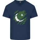 Torn Pakistan Flag Pakistani Day Football Mens V-Neck Cotton T-Shirt Navy Blue