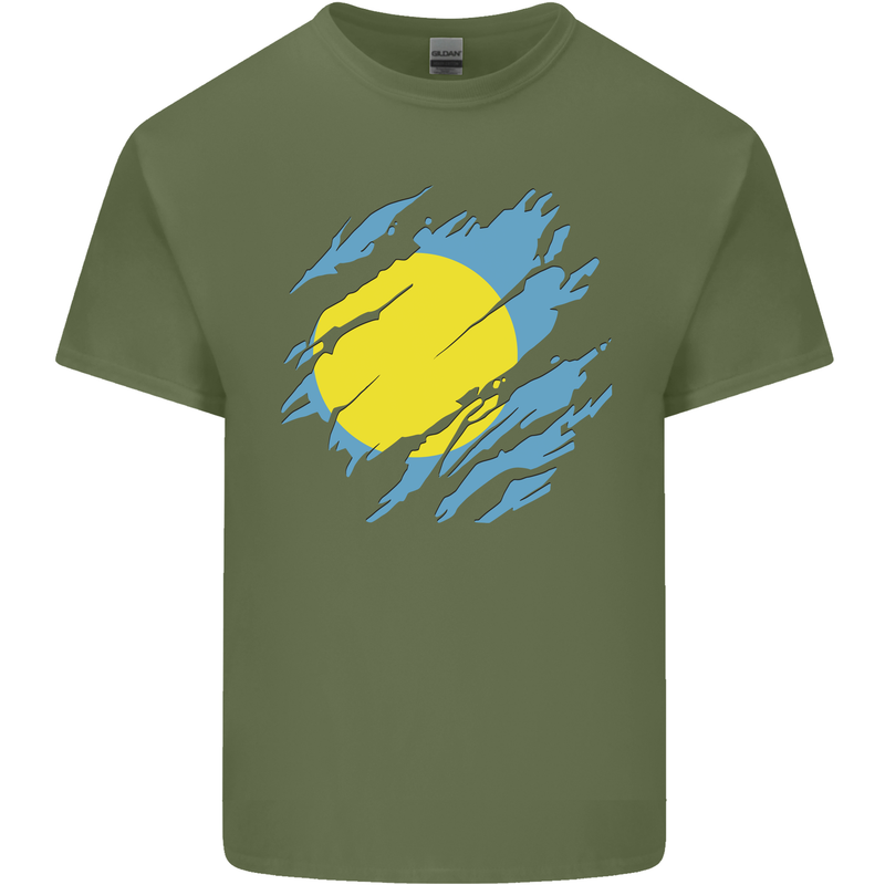 Torn Palau Flag Palauan Day Football Mens Cotton T-Shirt Tee Top Military Green