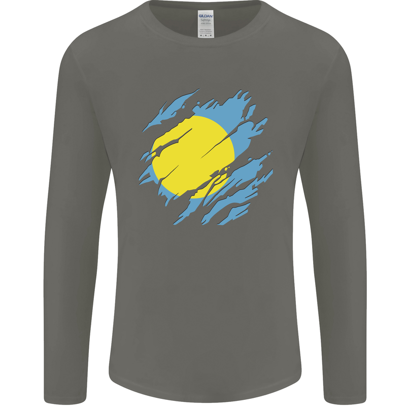 Torn Palau Flag Palauan Day Football Mens Long Sleeve T-Shirt Charcoal