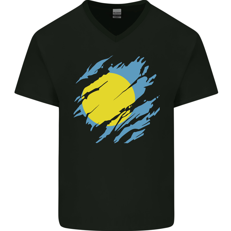 Torn Palau Flag Palauan Day Football Mens V-Neck Cotton T-Shirt Black