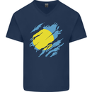 Torn Palau Flag Palauan Day Football Mens V-Neck Cotton T-Shirt Navy Blue
