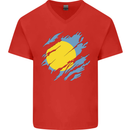 Torn Palau Flag Palauan Day Football Mens V-Neck Cotton T-Shirt Red