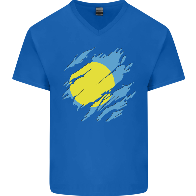 Torn Palau Flag Palauan Day Football Mens V-Neck Cotton T-Shirt Royal Blue