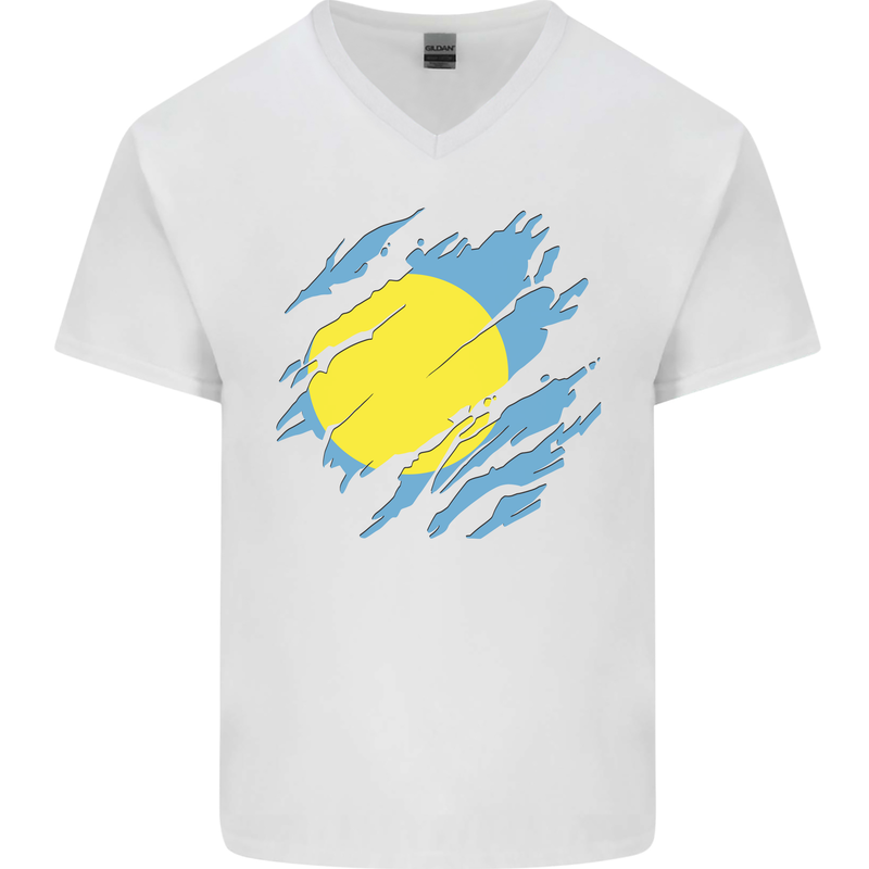 Torn Palau Flag Palauan Day Football Mens V-Neck Cotton T-Shirt White