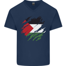 Torn Palestine Flag Palestinian Day Football Mens V-Neck Cotton T-Shirt Navy Blue