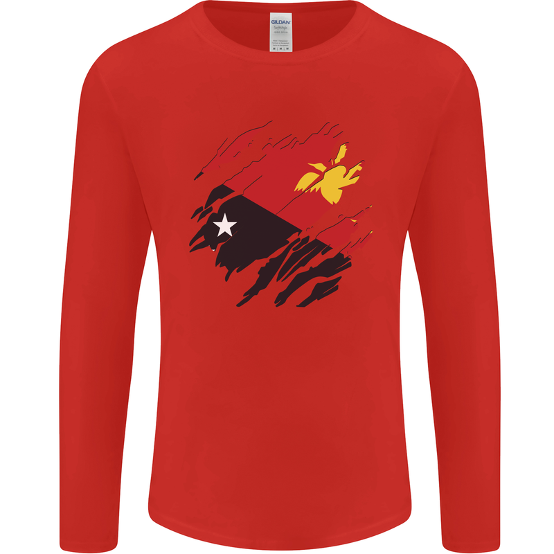 Torn Papua New Guinea Flag Day Football Mens Long Sleeve T-Shirt Red