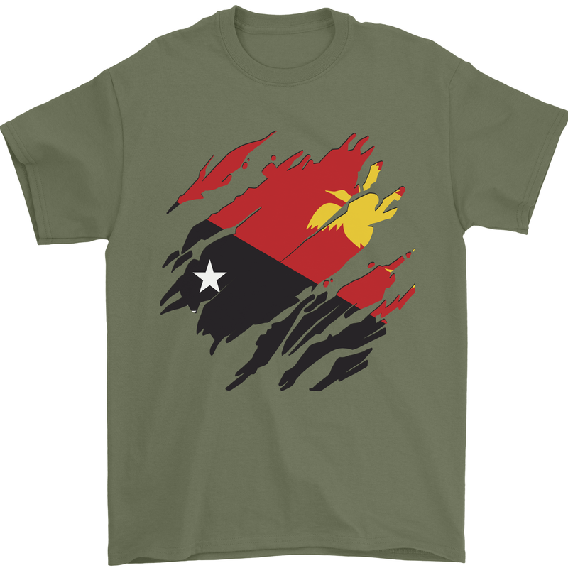Torn Papua New Guinea Flag Day Football Mens T-Shirt 100% Cotton Military Green