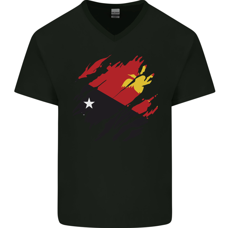 Torn Papua New Guinea Flag Day Football Mens V-Neck Cotton T-Shirt Black