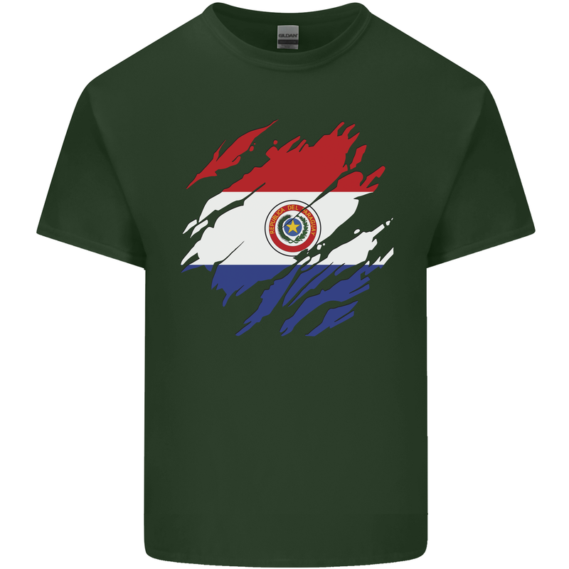 Torn Paraguay Flag Paraguayan Day Football Mens Cotton T-Shirt Tee Top Forest Green