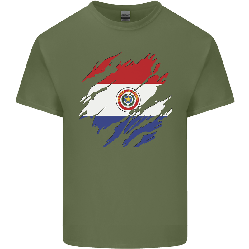 Torn Paraguay Flag Paraguayan Day Football Mens Cotton T-Shirt Tee Top Military Green