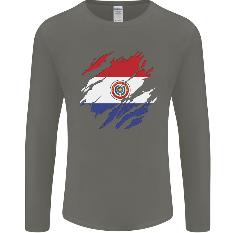 Torn Paraguay Flag Paraguayan Day Football Mens Long Sleeve T-Shirt Charcoal