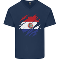 Torn Paraguay Flag Paraguayan Day Football Mens V-Neck Cotton T-Shirt Navy Blue