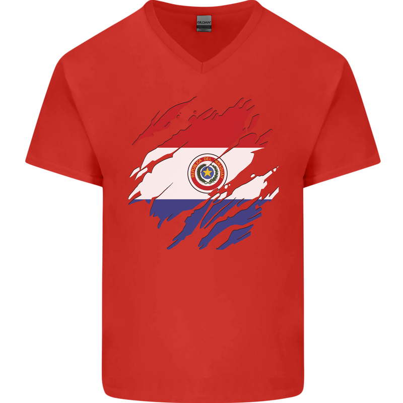 Torn Paraguay Flag Paraguayan Day Football Mens V-Neck Cotton T-Shirt Red