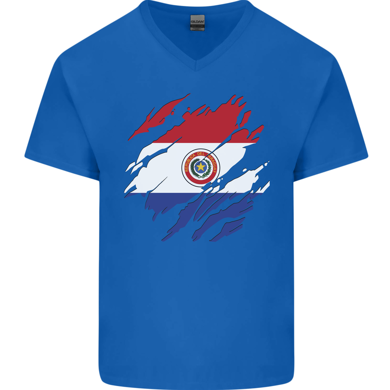 Torn Paraguay Flag Paraguayan Day Football Mens V-Neck Cotton T-Shirt Royal Blue