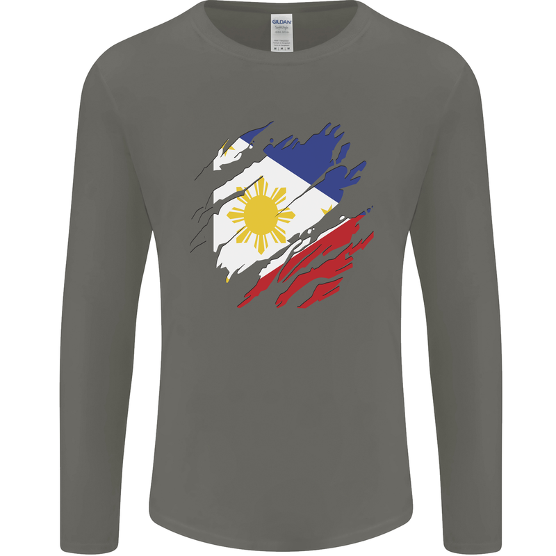 Torn Philippines Flag Philipino Day Football Mens Long Sleeve T-Shirt Charcoal
