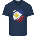 Torn Philippines Flag Philipino Day Football Mens V-Neck Cotton T-Shirt Navy Blue