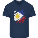 Torn Philippines Flag Philipino Day Football Mens V-Neck Cotton T-Shirt Navy Blue