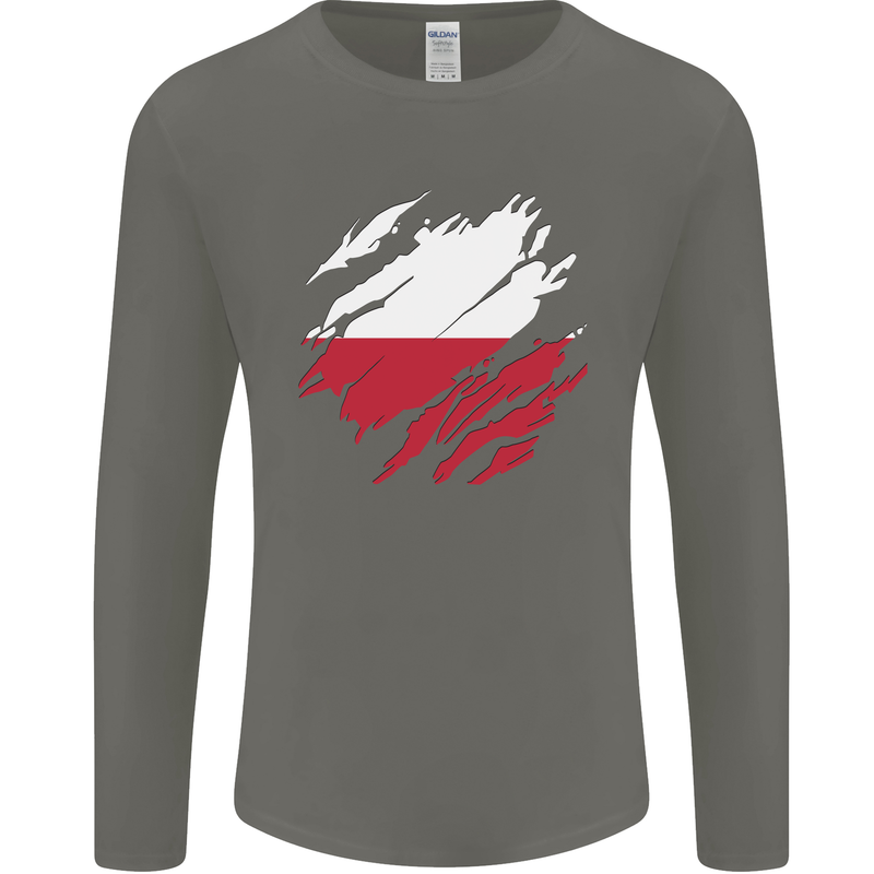 Torn Poland Flag Polish Day Football Mens Long Sleeve T-Shirt Charcoal