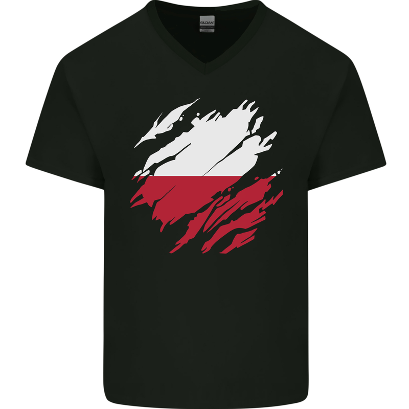 Torn Poland Flag Polish Day Football Mens V-Neck Cotton T-Shirt Black