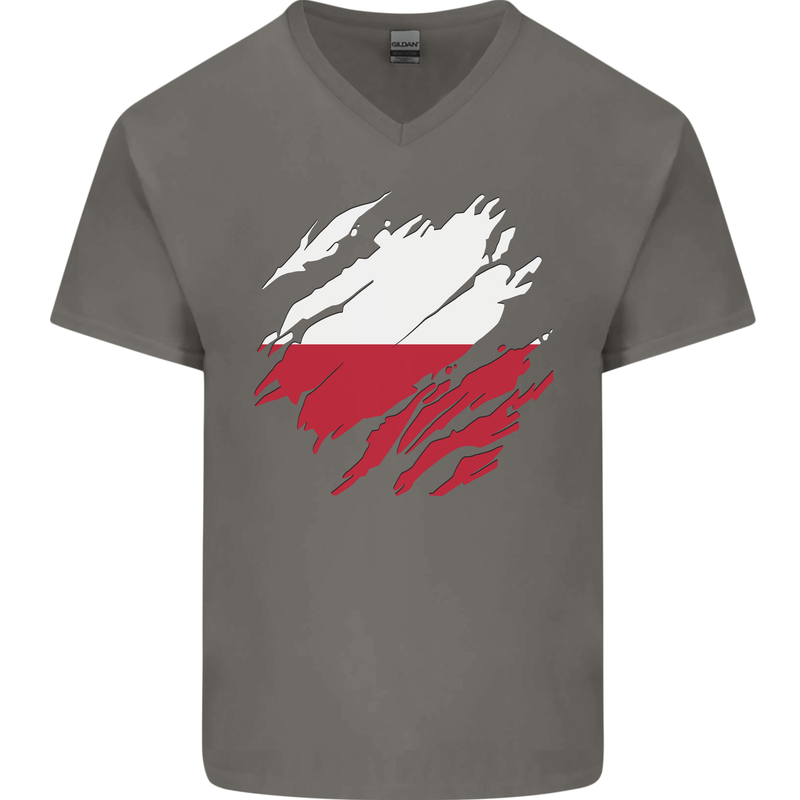 Torn Poland Flag Polish Day Football Mens V-Neck Cotton T-Shirt Charcoal