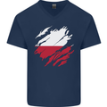 Torn Poland Flag Polish Day Football Mens V-Neck Cotton T-Shirt Navy Blue