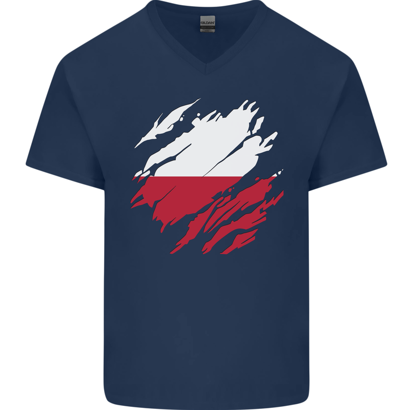 Torn Poland Flag Polish Day Football Mens V-Neck Cotton T-Shirt Navy Blue