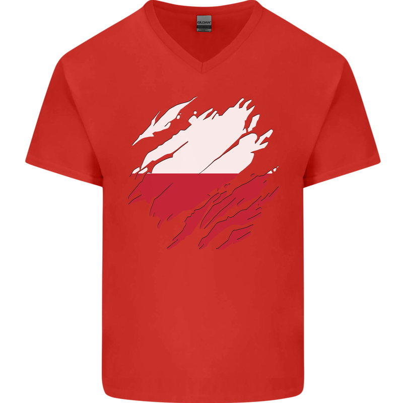Torn Poland Flag Polish Day Football Mens V-Neck Cotton T-Shirt Red