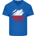 Torn Poland Flag Polish Day Football Mens V-Neck Cotton T-Shirt Royal Blue