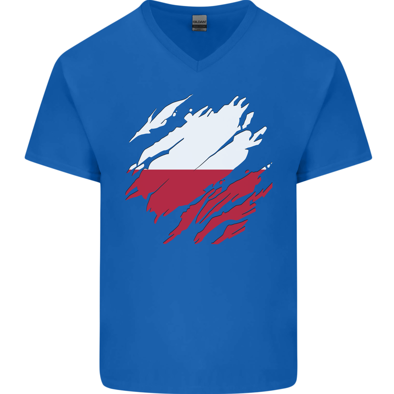 Torn Poland Flag Polish Day Football Mens V-Neck Cotton T-Shirt Royal Blue