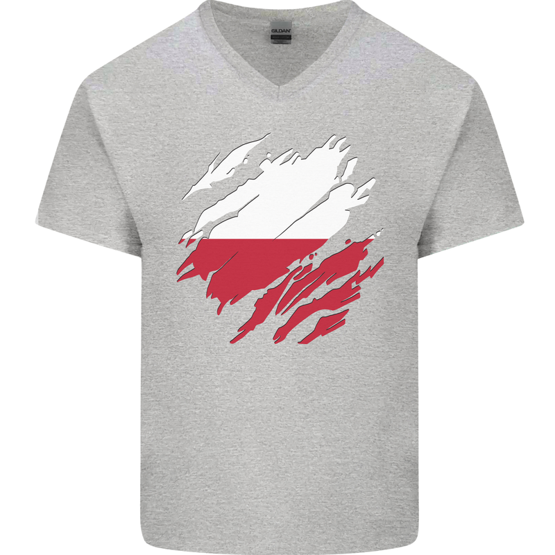 Torn Poland Flag Polish Day Football Mens V-Neck Cotton T-Shirt Sports Grey