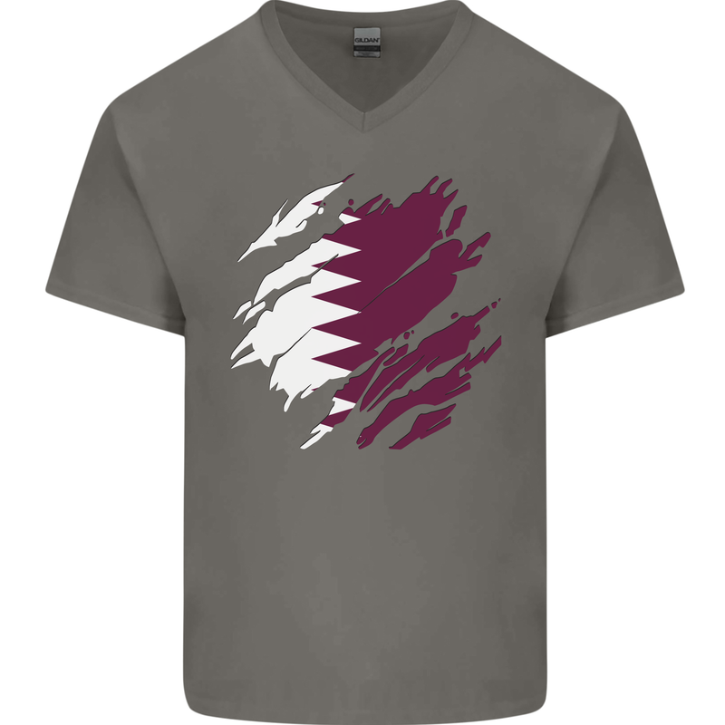 Torn Qatar Flag Qatari Day Football Mens V-Neck Cotton T-Shirt Charcoal
