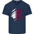 Torn Qatar Flag Qatari Day Football Mens V-Neck Cotton T-Shirt Navy Blue