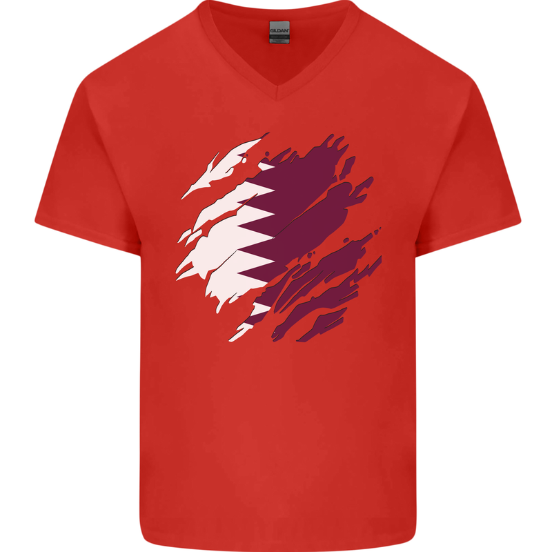 Torn Qatar Flag Qatari Day Football Mens V-Neck Cotton T-Shirt Red