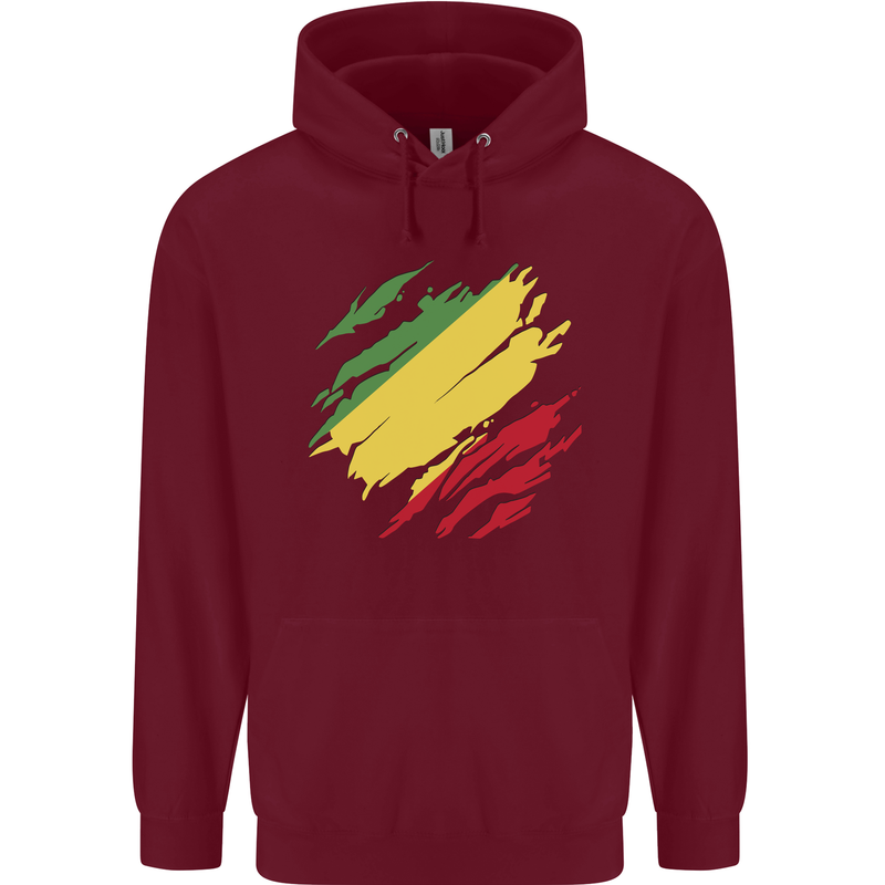 Torn Republic of the Congo Flag Day Football Mens 80% Cotton Hoodie Maroon