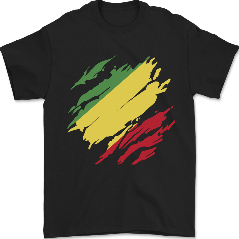 Torn Republic of the Congo Flag Day Football Mens T-Shirt 100% Cotton Black