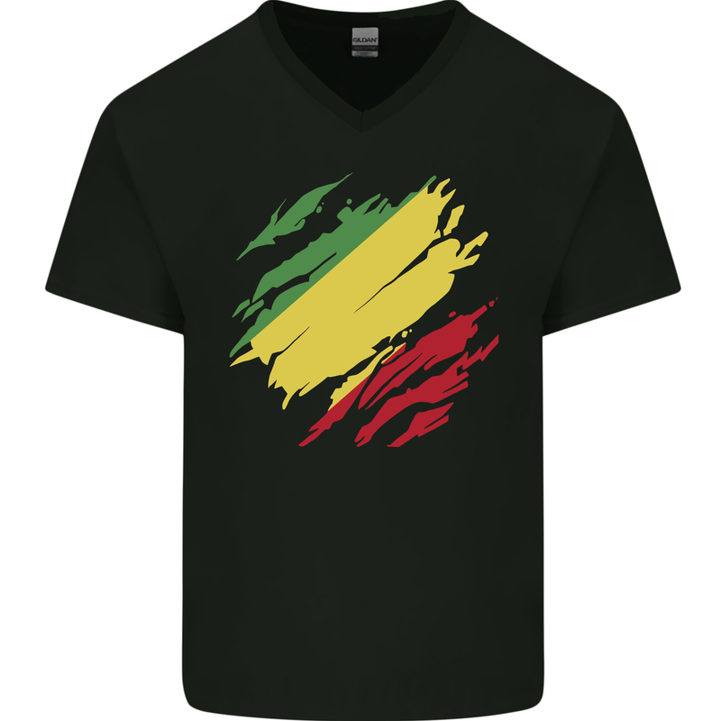 Torn Republic of the Congo Flag Day Football Mens V-Neck Cotton T-Shirt Black