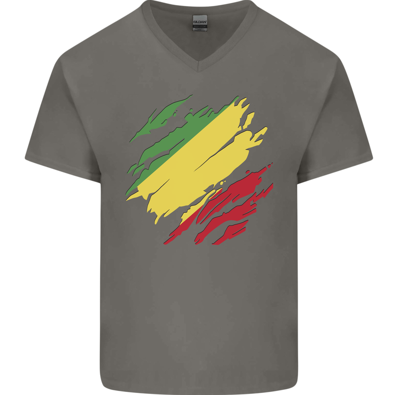 Torn Republic of the Congo Flag Day Football Mens V-Neck Cotton T-Shirt Charcoal