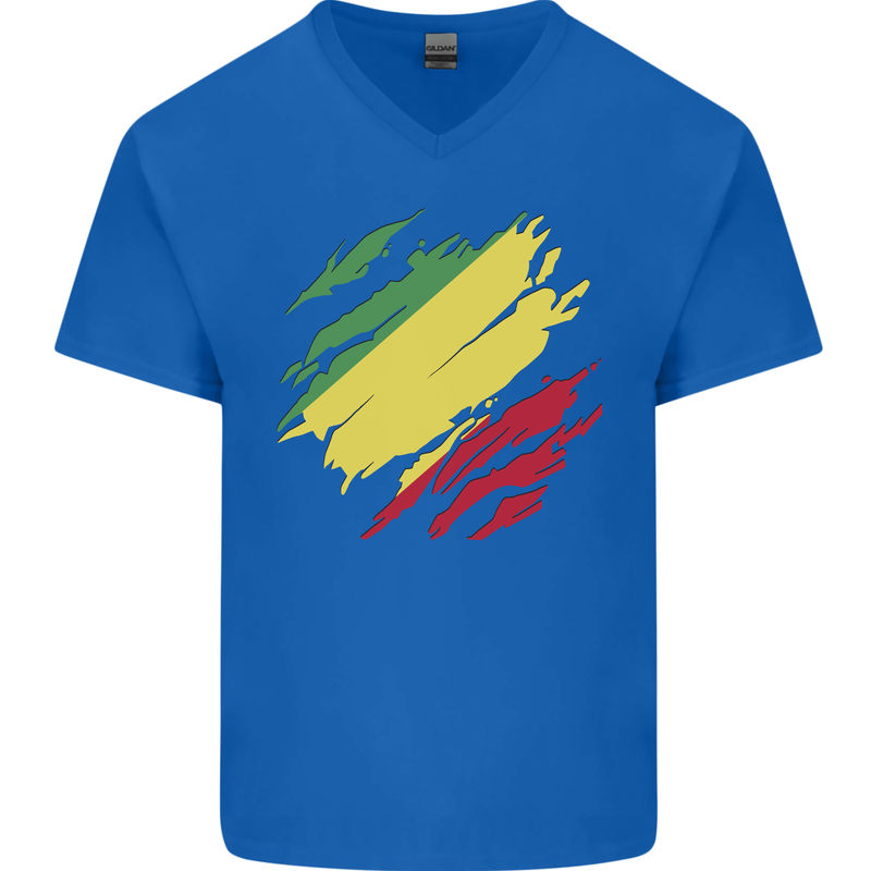 Torn Republic of the Congo Flag Day Football Mens V-Neck Cotton T-Shirt Royal Blue