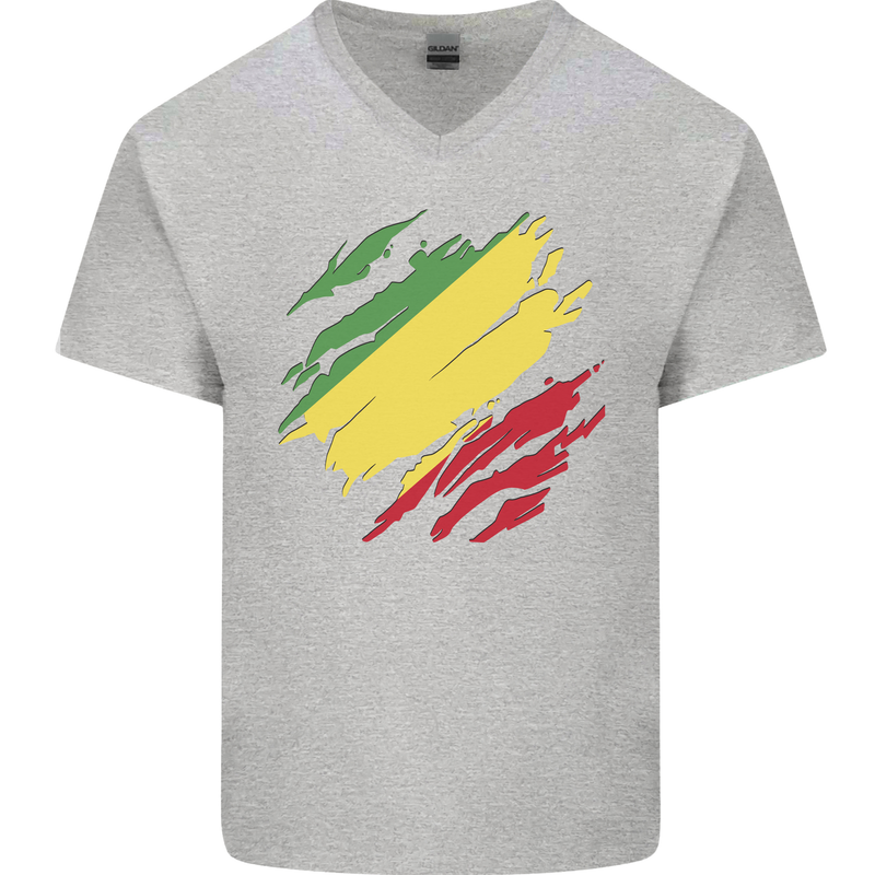 Torn Republic of the Congo Flag Day Football Mens V-Neck Cotton T-Shirt Sports Grey